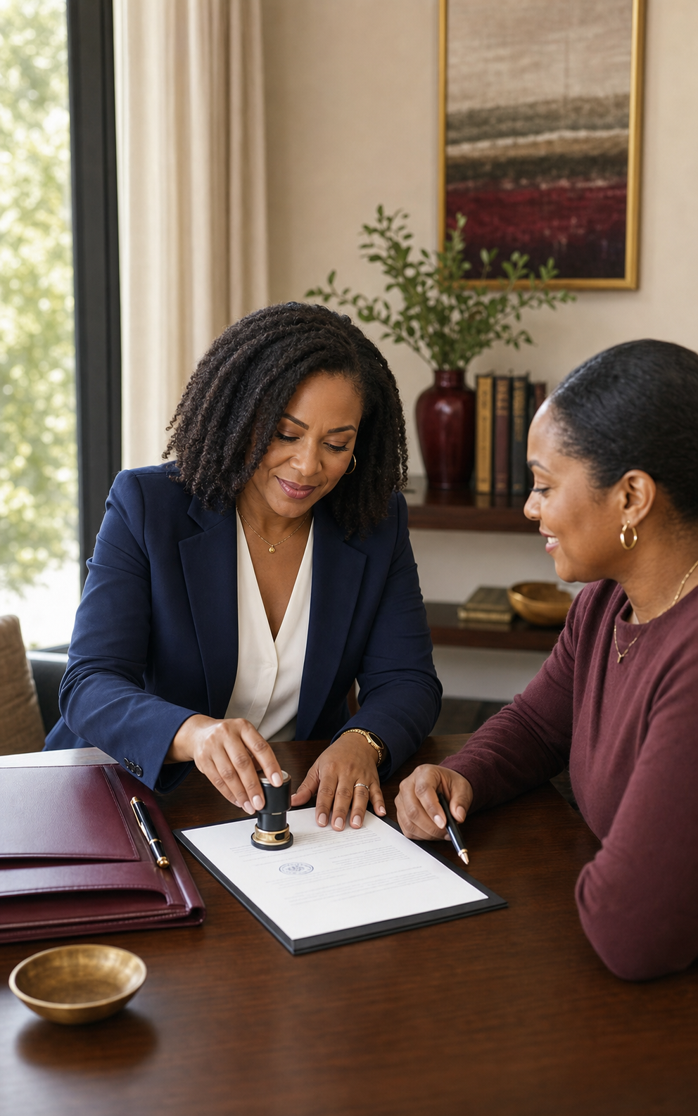 Professional African American notary assisting a client with signing and stamping documents